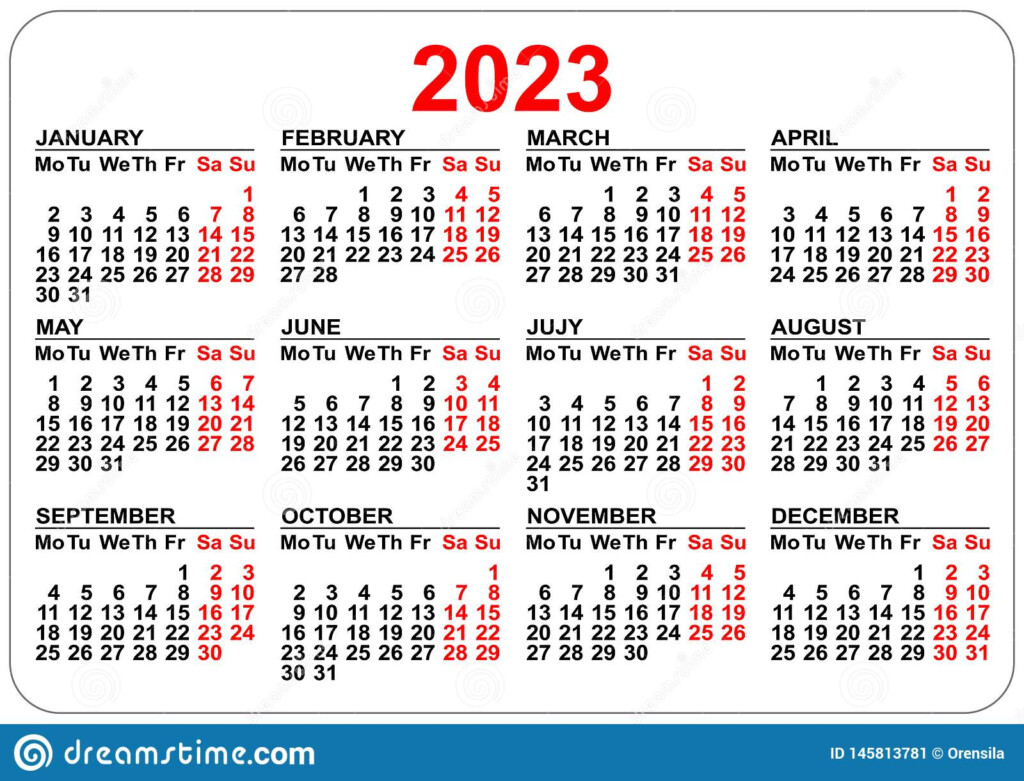 2023 Calendar Template Isolated On White Simple Horizontal Grid Stock 