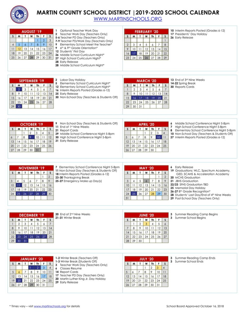19 20 Martin County School Calender Printable Calendar 2022 2023