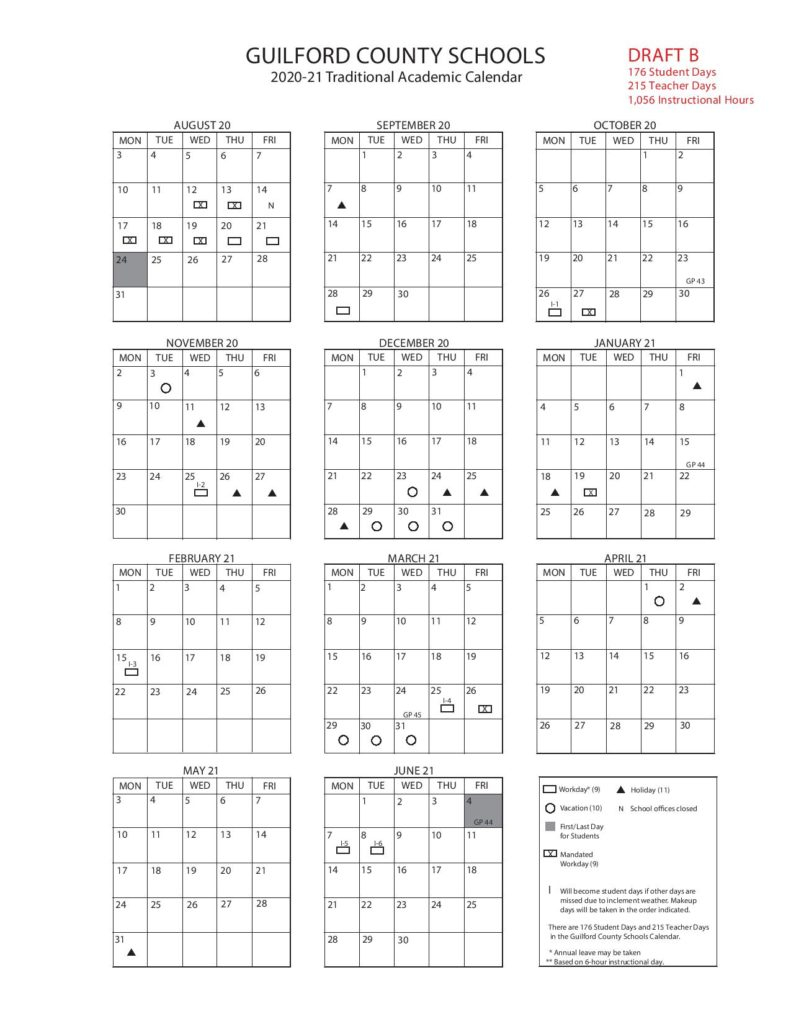 Guilford County School Calendar 2020 2021 In PDF