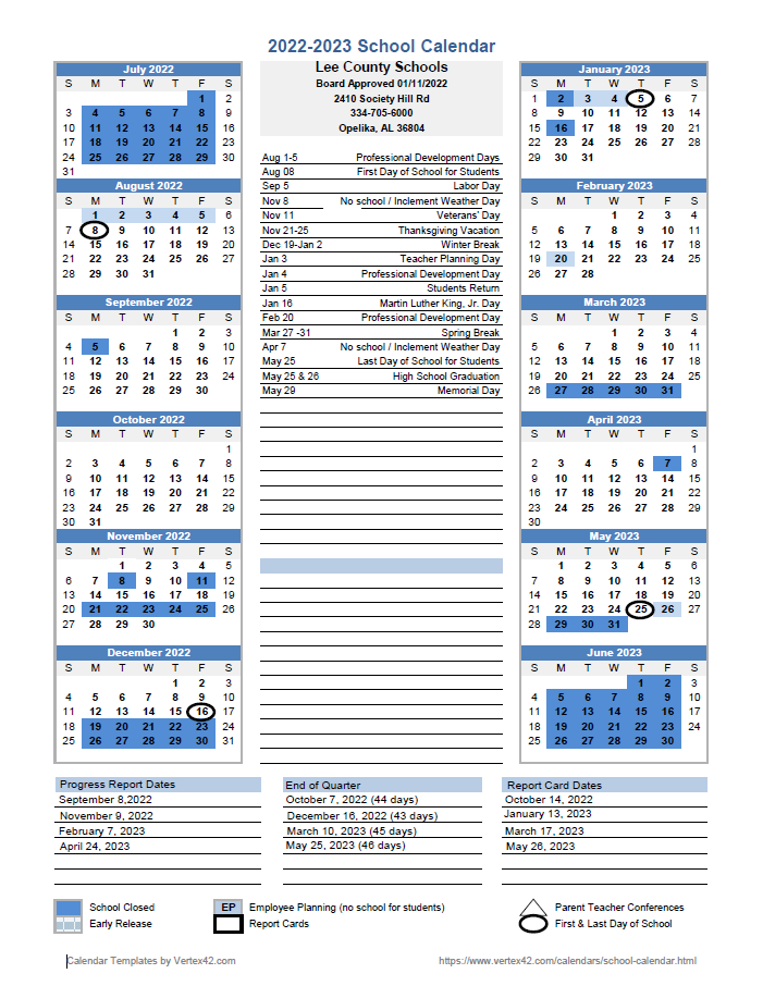 Lee County School District Calendar